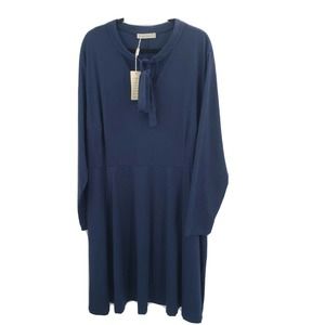 Drop-Waist Midi Dress with Tie Neck - Navy